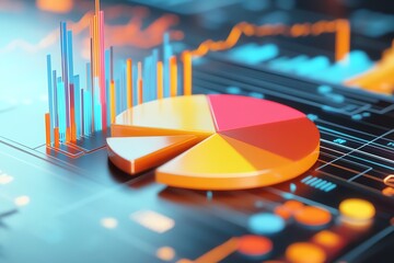 Colorful pie chart and bar graphs on a digital interface representing data analysis and financial metrics.