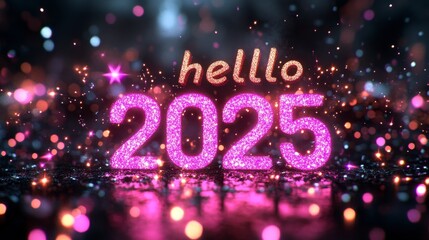 Happy New Year 2025 text with glitter background.