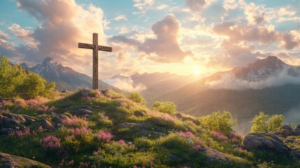 Canvas Print - Mountaintop Cross with Sunset and Flowers