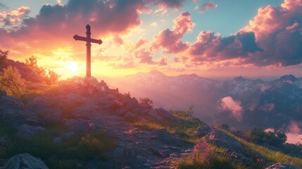 Poster - Mountaintop Cross Sunset Landscape with Dramatic Clouds