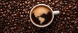 © ratcha - A coffee cup with a world map design in the foam, surrounded by roasted coffee beans, representing global coffee culture.