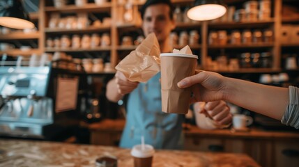 The barista hands coffee