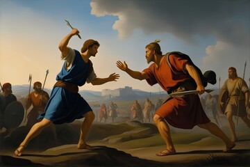 David vs Goliath Epic Battle Scene of a Fearless Young Shepherd