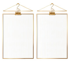 set of two white paper sheets with a golden frame isolated on a transparent background