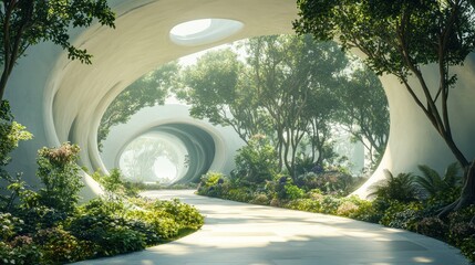 Futuristic Park with Concrete Arches and Lush Greenery