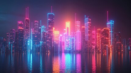 Wall Mural - Futuristic Cityscape with Neon Lights and Water Reflection