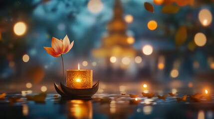 Wall Mural - A candle is floating on a small boat in a pond