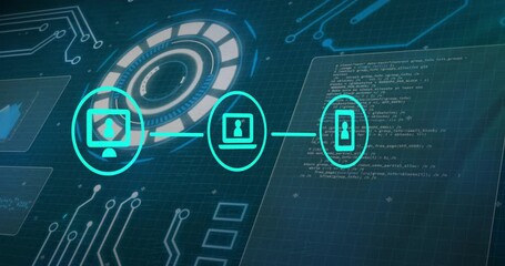 Poster - Animating digital network and cybersecurity over computer code and circuit board background