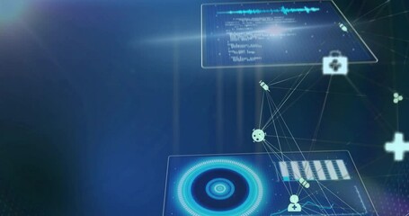 Medical data processing animation over blue digital interface with charts and icons