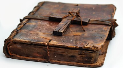 A close-up of an old, leather-bound book with a wooden cross clasp.