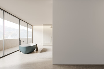 Wall Mural - Home bathroom interior with bathtub, shower and panoramic window. Mokup wall