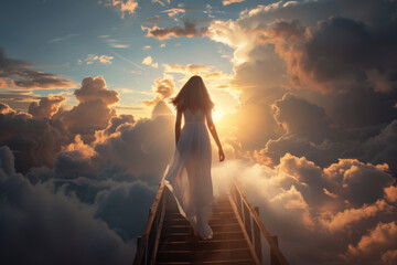 Wall Mural - A woman is walking on a wooden staircase in the sky