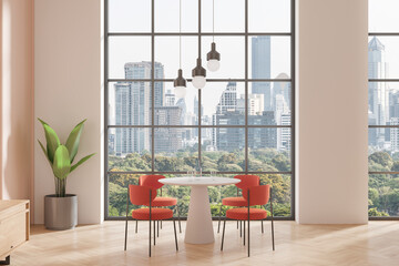 Wall Mural - Modern dining room with city view and large windows. 3D Rendering