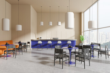 Sticker - Stylish cafe interior with dining tables and bar island, panoramic window