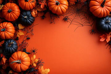 Wall Mural - Happy Halloween flat lay mockup with pumpkins and spiderweb on orange background, autumn holiday concept composition, top view with copy space.