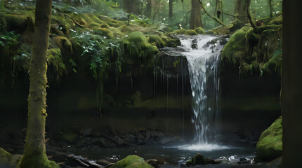 a waterfall in the middle of a forest with moss