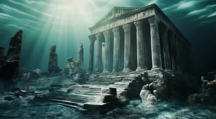 scene of temple site submerged in the sea, camera slow motion with different angles