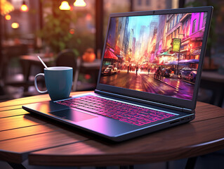 Wall Mural - Unbelievable Cup of coffee on a desk with a laptop and some glasses to see