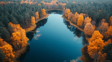 A lake surrounded by trees with a blue sky in the background