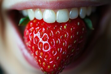 A closeup of a mouth in the act of biting a juicy, bright red strawberry. 