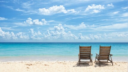 Beautiful beach scene two wooden deck chairs sand Beach vacation