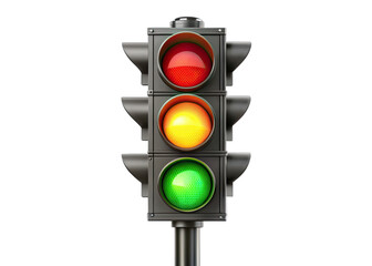 A traffic light with a black metal frame and a black pole is positioned against a white backdrop. The lights are circular and display red, yellow, and green. The green light is lit, indicating that tr