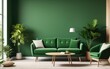 © Hendry - Green sofa and chair against green wall with book shelf. Scandinavian home interior design of modern living room with greenery
