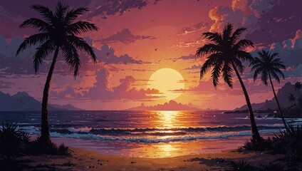 Wall Mural - illustration of sunset view from beautiful beach with many coconut trees made by AI generative