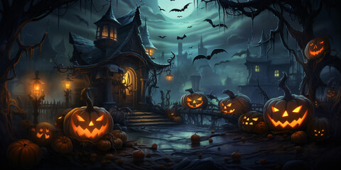 Halloween theme evil pumpkin castle illustration, wallpaper, card, poster background