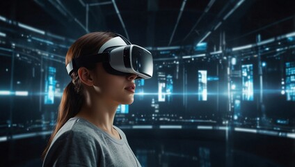 photo of a woman using a virtual reality device made by AI generative