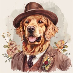 Wall Mural - Stylish funny cute Golden retriever dog in a formal suit with sunglasses, happy smiling printable clipart cartoon illustration on a white background