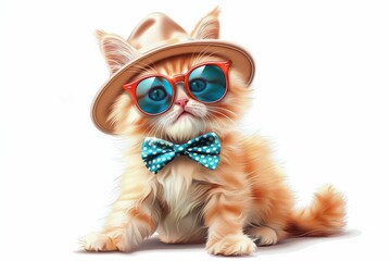 Wall Mural - Stylish funny cute kitten in a bow tie and stylish hat with sunglasses and happily smiling printable clipart cartoon illustration on a white background