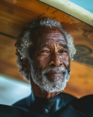 Canvas Print - Portrait of an elderly man with a surfboard. AI.