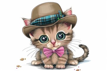 Wall Mural - Stylish funny cute kitten in a bow tie and stylish hat, funny smiling face with printable clipart cartoon illustration on a white background