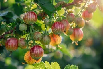 Wall Mural - Tender gooseberry on a branch in the garden on a blurred green background, agribusiness business concept, organic healthy food and non-GMO fruits with copy space
