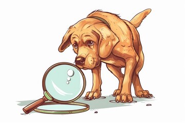 Wall Mural - Funny curious Dog scottish straight looking through a magnifying glass, 2d cartoon illustration on a white background