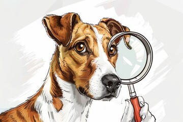 Wall Mural - Funny curious Dog scottish straight looking through a magnifying glass, 2d cartoon illustration on a white background