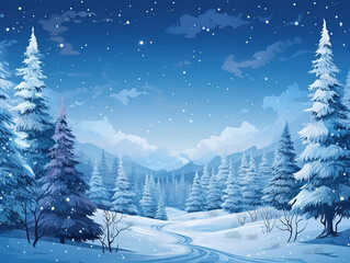 Wall Mural - Luxurious Christmas tree winter landscape with hanging baubles and snowflakes