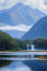 Wall Mural - A distant waterfall cascading down a mountainside