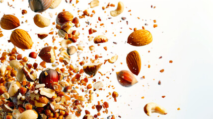 A handful of almonds, cashews, hazelnuts and walnuts are flying through the air. Walnut explosion on a white background. The concept of chaos and movement