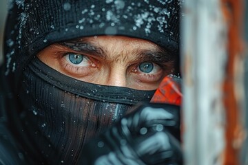 A close-up of a person's eyes peering through a black mask. AI.