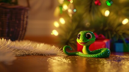 Wall Mural - A cute snake smiles under a Christmas tree. AI.