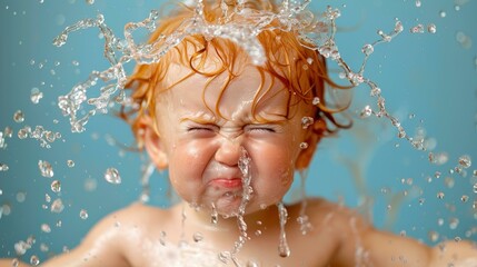 Poster - A baby is getting splashed with water. AI.