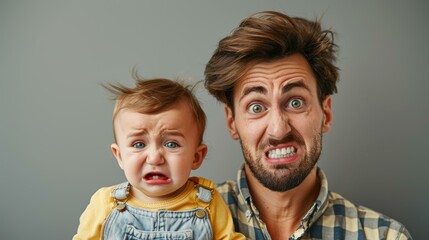 Wall Mural - A father and his baby son both look scared and surprised. AI.