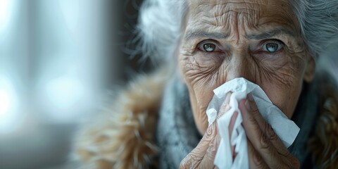 Sticker - An elderly woman is blowing her nose with a tissue. AI.