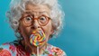 © Natalia - A woman with a surprised expression holds a lollipop in front of her mouth. AI.