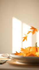 Canvas Print - Minimalist Fall Table Setting with Pumpkin and Autumn Leaves