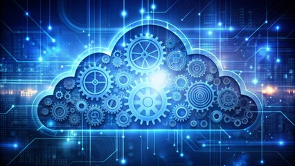 Abstract digital background with clouds, gears, and coding symbols blending together to represent innovative cloud-based application development and modern technology integration.