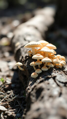 Wall Mural - Cluster of mushrooms growing on a fallen log