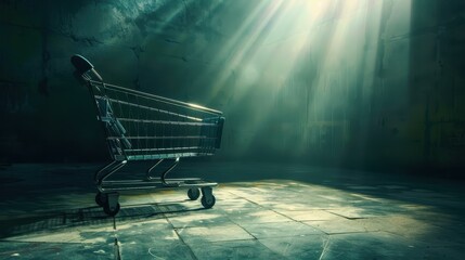 Empty Shopping Cart in a Grungy Room with a Beam of Light